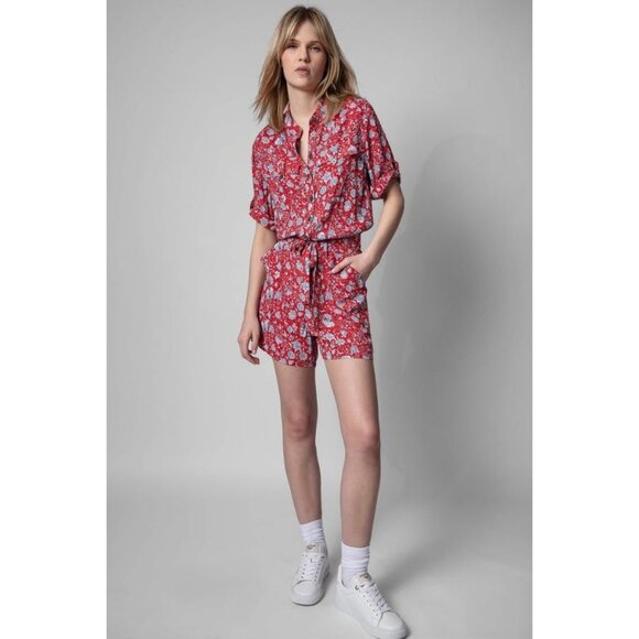 Zadig & Voltaire Cookis Red Blue Floral Satin Short Sleeve Romper Size Large - Picture 1 of 7